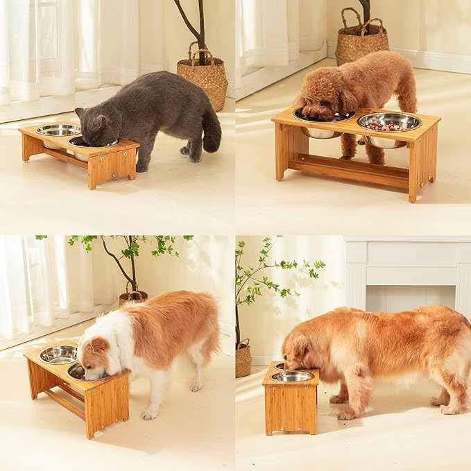 FOREYY Raised Pet Bowls for Small and Medium Dogs, Bamboo Elevated Dog Cat Food and Water Bowls Stand Feeder with 2 Stainless Steel Bowls and Anti Slip Feet (New 7'' Tall)