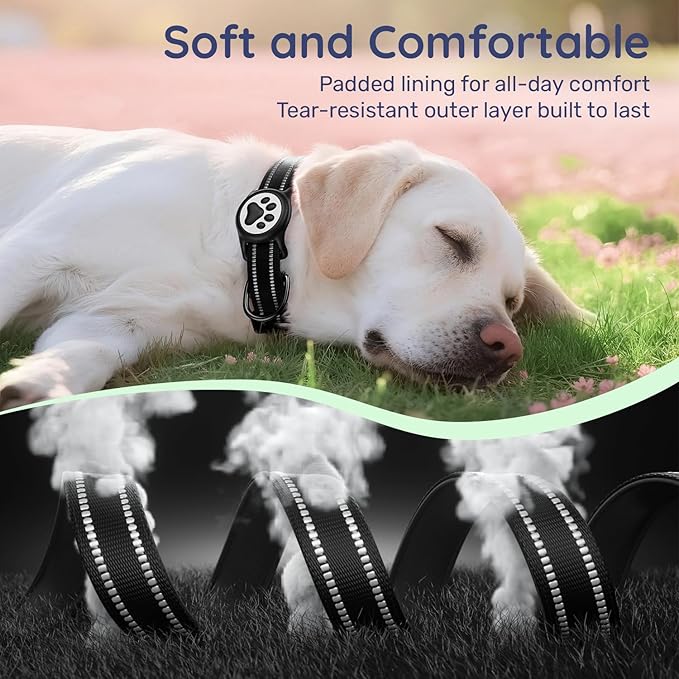 Airtag Dog Collar, Reflective Ultra-Durable Nylon Padded with QR Code Buckle & IP68 Waterproof Air Tag Holder Compatible for Apple AirTag, Comfortable for Small Medium Large Dogs(Black,M)