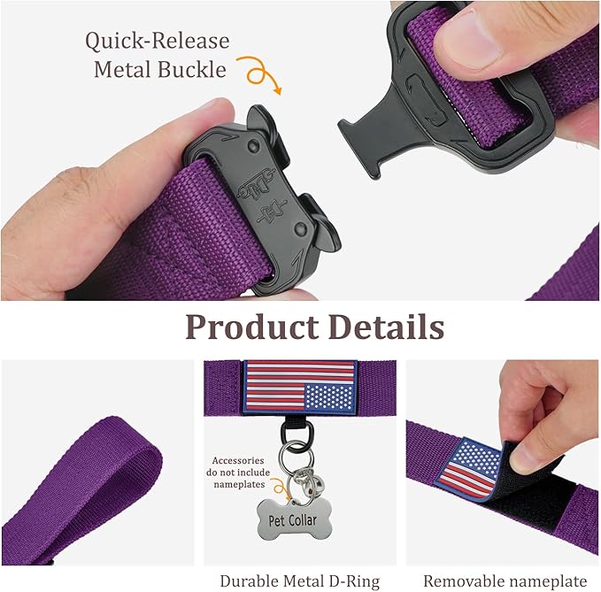 Heavy Duty Tactical Dog Collar Adjustable Nylon Pet Collars Quick Release Buckle with 2 D-Rings Patch for Medium, Large Dogs (Purple, Size M)
