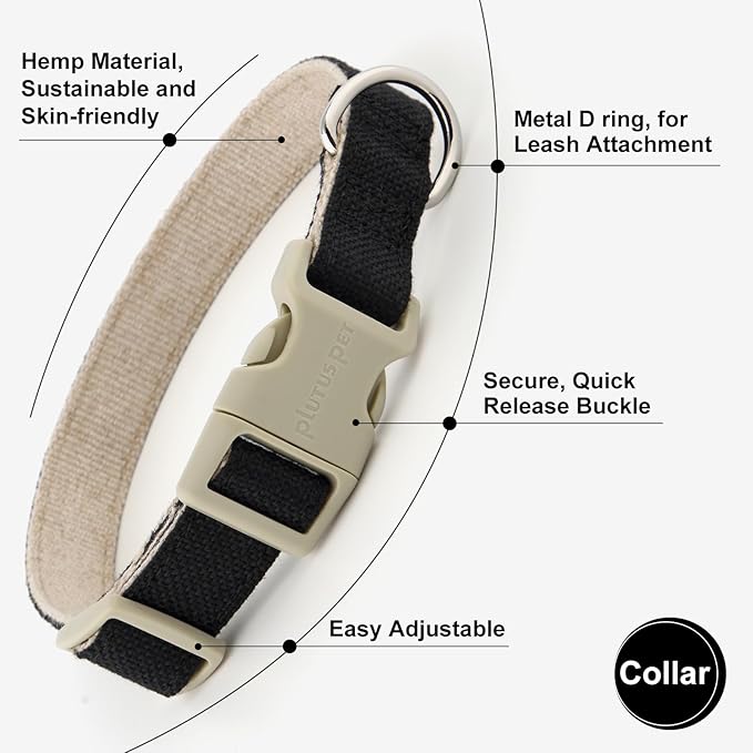 Plutus Pet Cotton Hemp Dog Collar and Leash Set, Adjustable Collar for Small, Medium, and Large Dogs, Heavy Duty and Soft on Skin, Black, XS