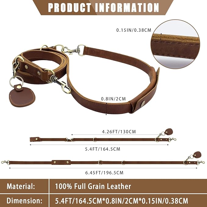 Jack&Chris Leather Dog Leash, Durable Dog Leashes for Large Dogs Heavy Duty with Comfortable Padded Handle for Small Medium Large Breed Puppies, Slip Leads for Dogs for Walking Running, Brown