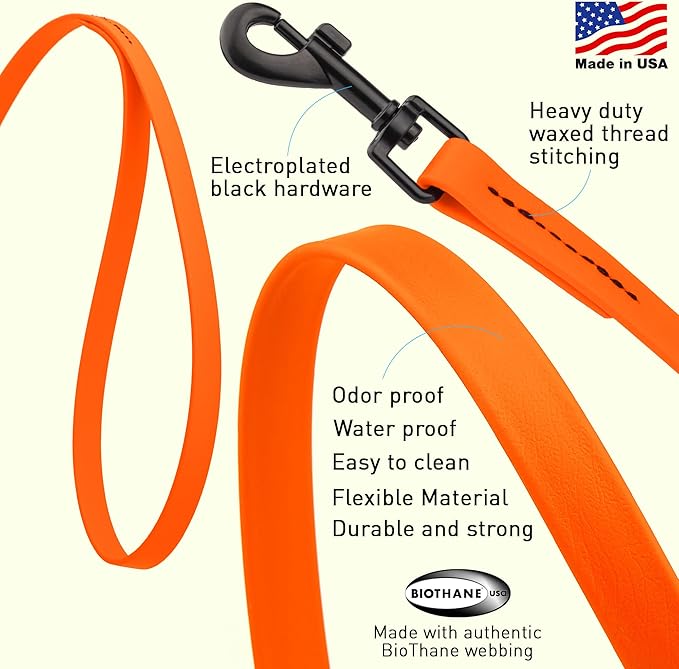 Dogline Biothane Waterproof Dog Leash Strong Coated Nylon Webbing with Black Hardware Odor-Proof Easy to Clean High Performance for Small or Large Dogs Made in USA 2 ft Lead, Hunter Orange