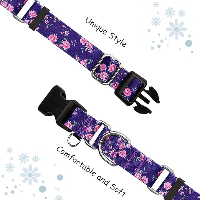Martingale Collar for Dogs with Buckle Floral Dog Collar Girl Female Soft Nylon Dog Collars for Small Medium Large Dogs (Purple Flower, L)