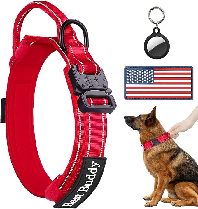 AUBELL Reflective Tactical Dog Collar,Adjustable Military Heavy Duty K9 Collars with Handle and Quick Release Metal Buckle Great for Medium Dogs, with Airtag Case and 2 Patches (Red,M)