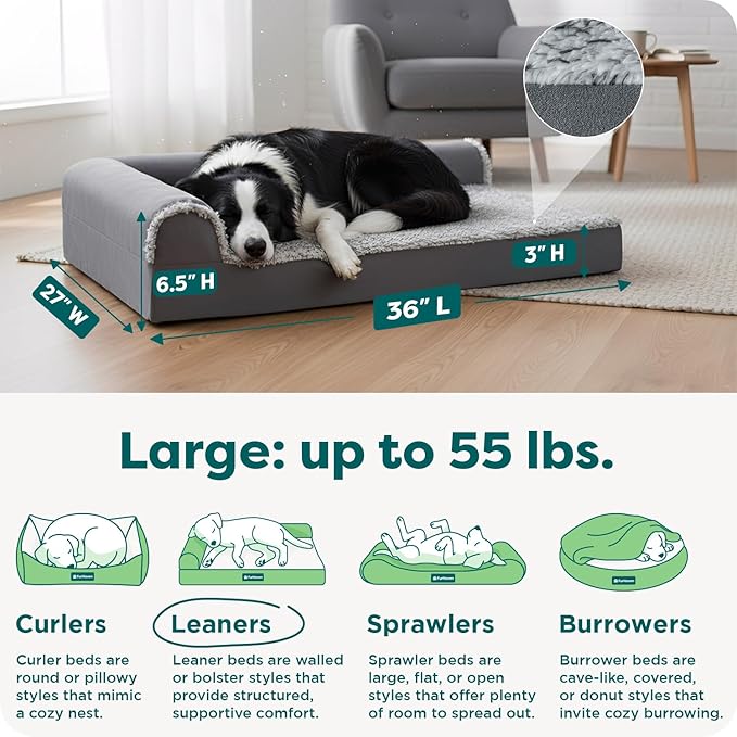 FurHaven Cooling Gel Dog Bed for Medium & Large Dogs, L-Shaped Chaise with Cool Gel-Top Foam with a Solid Orthopedic Foam Base for Joint Support, Washable Cover, Large, Plush & Suede, Stone Gray