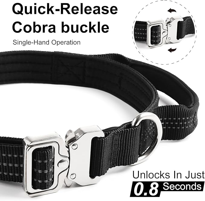 Tactical Dog Collar with Handle, Heavy Duty Nylon Collar With Quick-Release Metal Buckle, Reflective Design, Padded Comfortable Fit, Adjustable 15in-18in for Medium, Large Dogs(M, 1in, Black)
