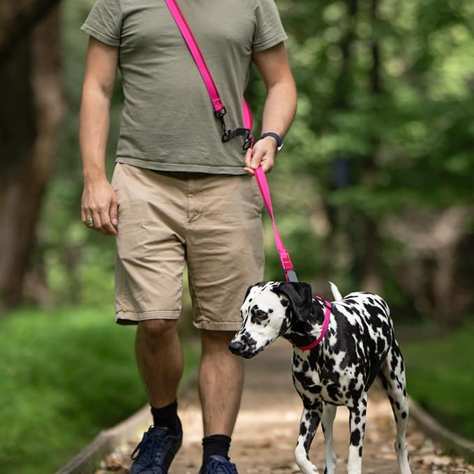 Cross Body Dog Leash - Waist or Shoulder Leash for Walking and Hiking with Medium and Large Dogs, Adjustable 4 to 6 FT Outdoor Bungee Lead with Traffic Handle by Nuvuq (18-120 lbs, Pink)