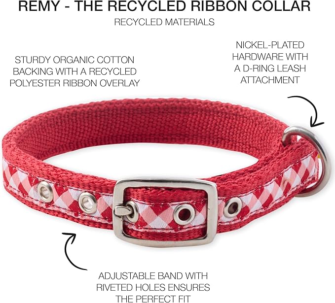 Adjustable Recycled Ribbon Dog Collar for All Pet Breeds, Red Buffalo Plaid, X-Small