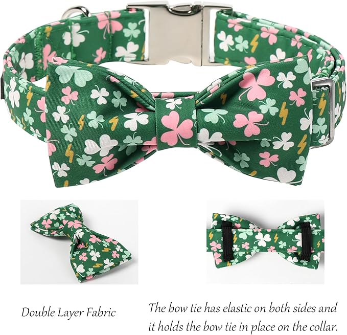 Lionet Paws St. Patrick Dog Collars with Bow tie,Cute Pink Clover Green Dog Collar Bow Tie for X-Large Dogs Female, Neck 16-26 inches