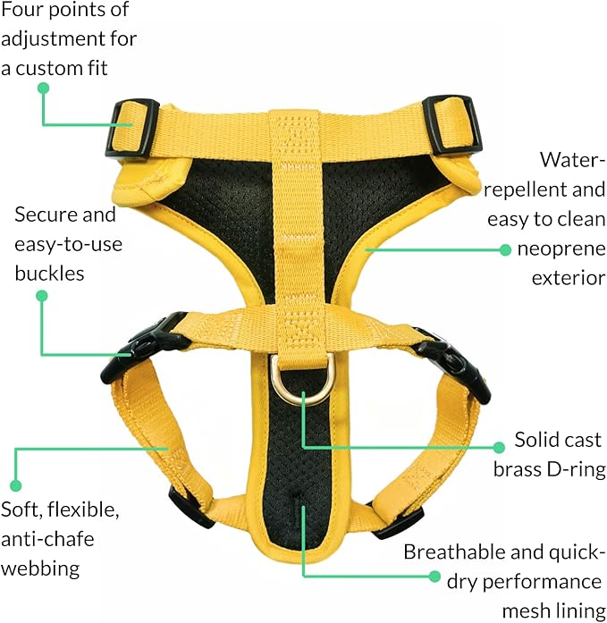 DJANGO Adventure Dog Harness - Stylish Large Dog Harness for Outdoor Adventures and Everyday Wear - Dandelion Yellow Neoprene Adjustable Harness for Dogs with Reflective Piping and Solid Brass D-Ring