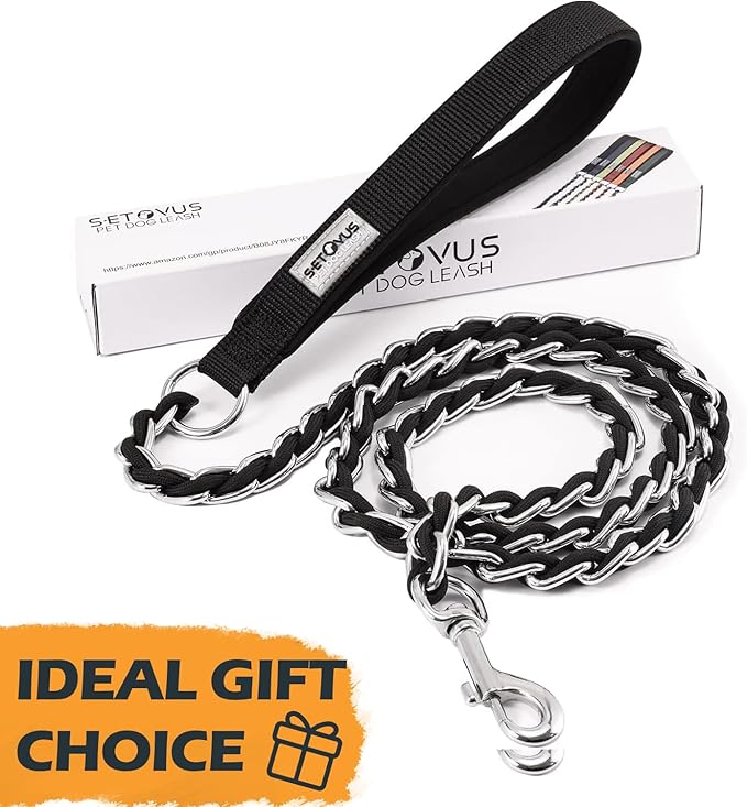 Chain Dog Leash Chew Proof Metal Leash for Medium Large Dogs, Chain Link Dog Anti Chew 5.2FT / 4FT Strong Anti Bite Comfortable Soft Padded Handle (Black, 4FT(30-80lb)