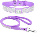 Cute Dazzling Sparkling Elegant Fancy Soft Suede Leather Bling Rhinestone Crystal Jeweled Pet Cat Dog Puppy Collar Dog Leash Combo Set (XS(Neck8-10), Purple-4)