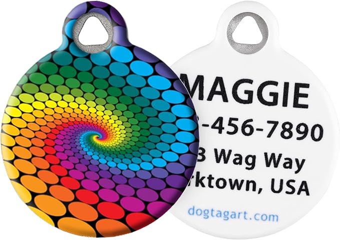 Dog Tag Art Vintage Retro Rainbow Custom Pet ID Tag for Dogs and Cats, Personalized Dog Tag with Customized Identification Information, Rainbow Swirl 2, Small (7/8" Diameter)