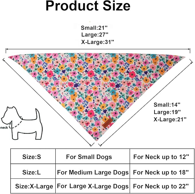 PTDECOR Floral Dog Bandana, Flower Reversible Pets Scarf, Premium Durable Fabric, Adjustable Pink Green Bandanas for Small Dogs Puppies Cats(Small)