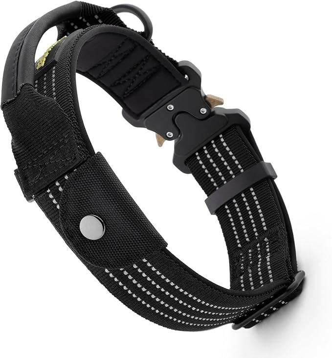 Plutus Pet Tactical Dog Collar with Tracker Pocket for AirTag, Adjustable Reflective Nylon Collar, Metal Buckle, Leather-Wrapped Handle, Soft Padded for Medium Large Dogs (Black, S)