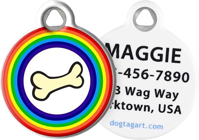 Dog Tag Art Vintage Retro Rainbow Custom Pet ID Tag for Dogs and Cats, Personalized Dog Tag with Customized Identification Information, Rainbow Bone, Large (1.25" Diameter)