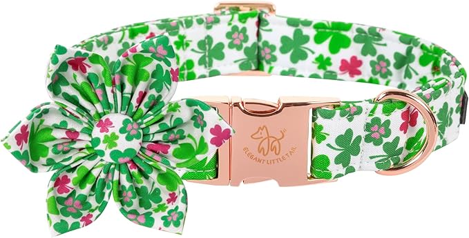 Elegant little tail St. Patrick's Dog Collar with Flower, Dog Collars Flowers Green Clover Girl Pet Gift Adjustable Pet Collars for X-Small Puppy