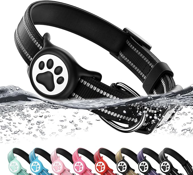 Airtag Dog Collar, Reflective Ultra-Durable Nylon Padded with QR Code Buckle & IP68 Waterproof Air Tag Holder Compatible for Apple AirTag, Comfortable for Small Medium Large Dogs(Black,L)