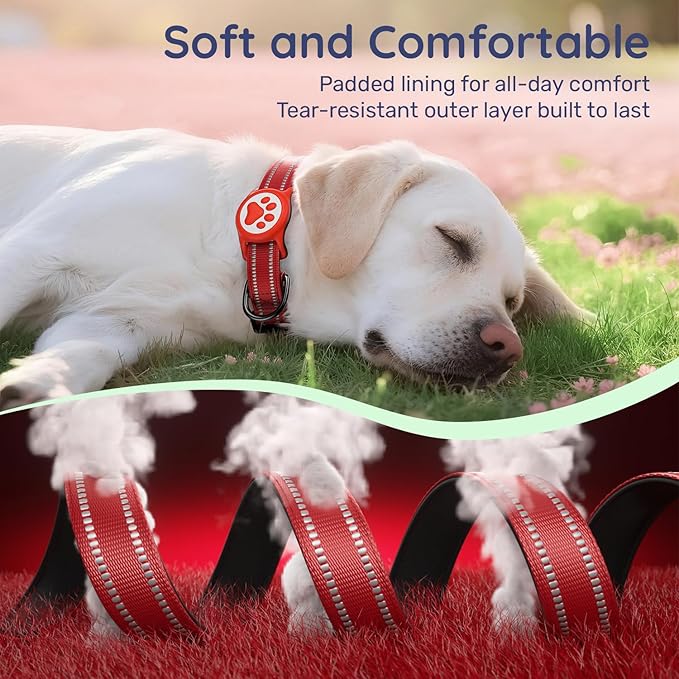 Airtag Dog Collar, Reflective Ultra-Durable Nylon Padded with QR Code Buckle & IP68 Waterproof Air Tag Holder Compatible for Apple AirTag, Comfortable for Small Medium Large Dogs(Red,M)