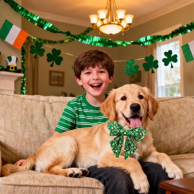 DOGWONG St. Patrick's Day Dog Collar with Sailor Bow Tie- Lucky Shamrock Bowtie Collar for Girl Boy Dog, Trefoil Dogs Collars Durable Adjustable, L