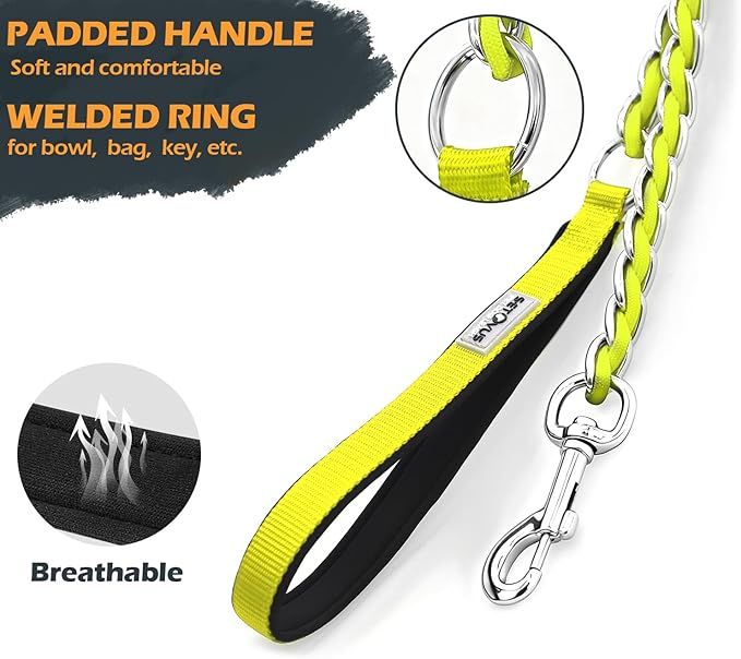 Chain Dog Leash Chew Proof Metal Leash for Medium Large Dogs, Chain Link Dog Anti Chew 5.2FT / 4FT Strong Anti Bite Comfortable Soft Padded Handle (Yellow, 4FT(30-80lb)