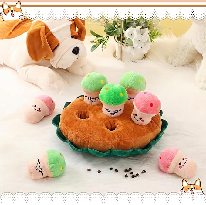 Skylety 7 Pcs Interactive Mushroom Dog Toy Set Snuffle Toy with Treat Hiding Puzzle and Squeaky Plush, Durable Vegetable Dog Toys for Small Medium Dogs, Training and Boredom Relief Plaything