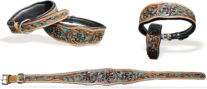 Majestic Ally Leather Dog Collar with Adjustable, Padded Fit for Walking, Hiking, and Running, Designer Western Wear for Puppies, Fancy Colors (Turquoise - Natural, Extra Small)