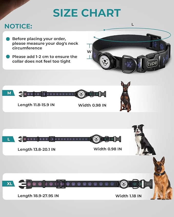 Dog Collar with Airtag Holder, IP67 Waterproof Reflective AirTag Dog Collars for Medium & Large Dogs, Adjustable Pet Collar with Twist-Lock Holder & Green Glow for Night (M, 11.8"-15.9", Black)