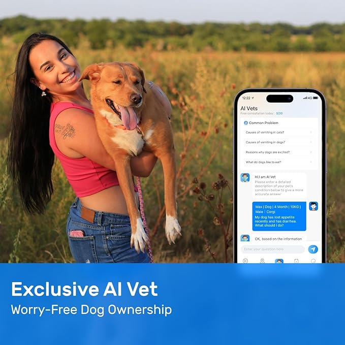 Dog GPS Tracker, Smart Waterproof Tracker with Real-Time Location, Escape Alerts, Activity Monitor, iOS & Android Compatible, for Dogs 40 lbs+ (White)