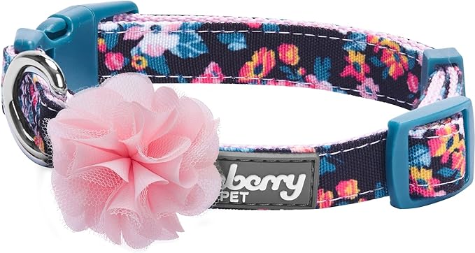 Blueberry Pet Made Well Elegant Floral Print Adjustable Dog Collar in Sleek Black with Pink Artificial Silk Flower, Medium, Neck 14.5"-20"