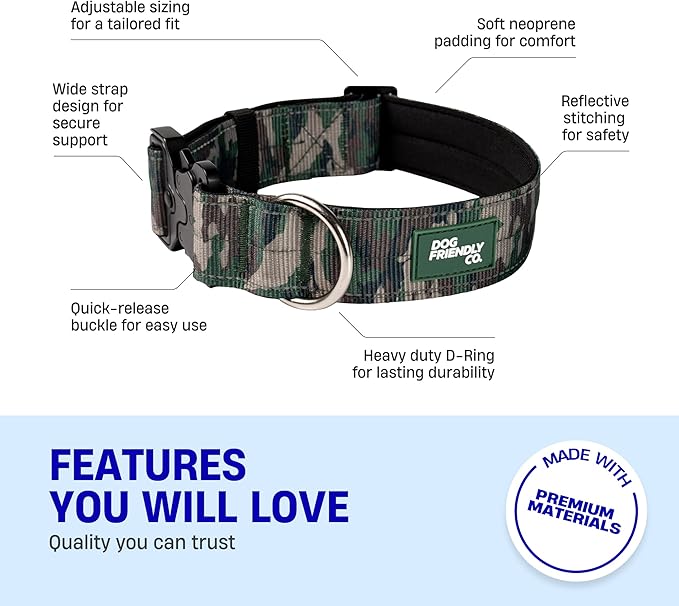 DF Co. Tactical Dog Collar | Comfortable & Secure with Quick Release Clip Buckle and Heavy Duty D-Ring | Soft Padded Neoprene, Chafe Resistant, Night-Time Visibility | Green Camo, Size XS/XXS