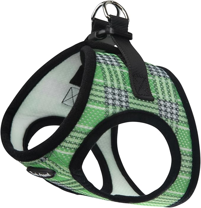 Bark Appeal Green Plaid Step-in Dog Harness for XS to Small Sized Pets – Updated Sizing, Re-Measuring is Essential – Soft Vest Harness – Anti-Choke with Adjustable Strap & Heavy Duty Clip – S