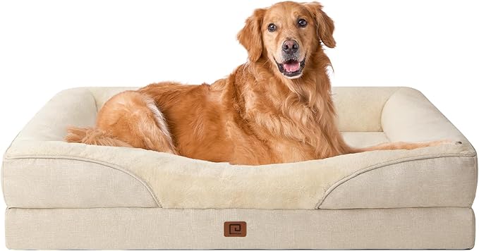 EHEYCIGA Orthopedic XL Dog Bed for Large Sized Dog, 42x30x7.5 Inch Extra Large Memory Foam Dog Couch Bed with Sides, Waterproof Liner & Washable Removable Cover, Bolster Pet Sofa, Beige