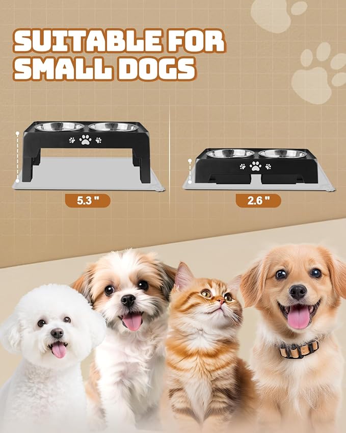 Elevated Dog Bowls, Dog Feeder with 2 Stainless Steel Dishes, 2 Heights Adjustable Raised Stand for Small Dogs, Food Dishes with Non-Slip Feet