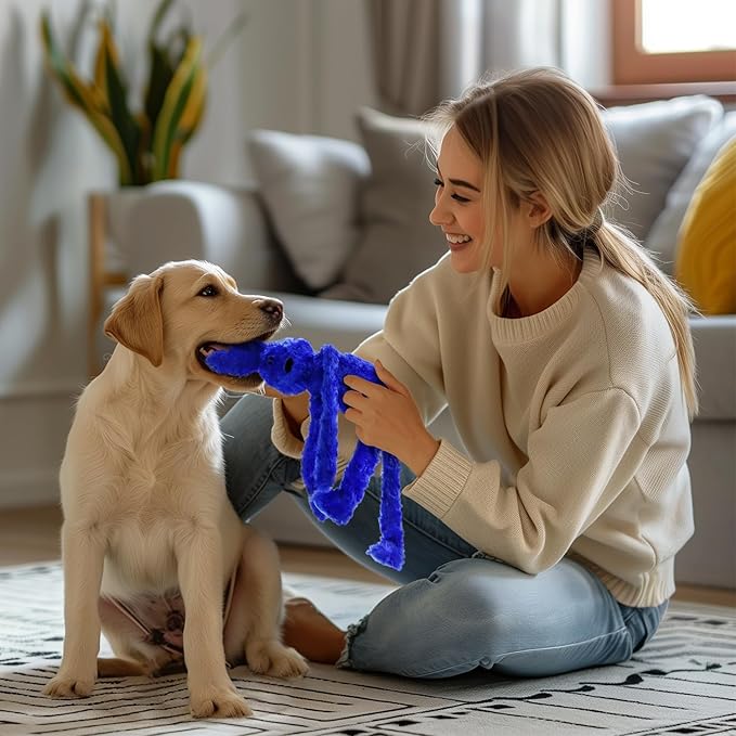 Floppy Rabbit Squeaky Dog Toys - Interactive Crinkle Plush Bunny Toy for Small and Medium Dogs, Enrichment Toy for Puppies, Tug-of-War, Cute and Soft (Blue)