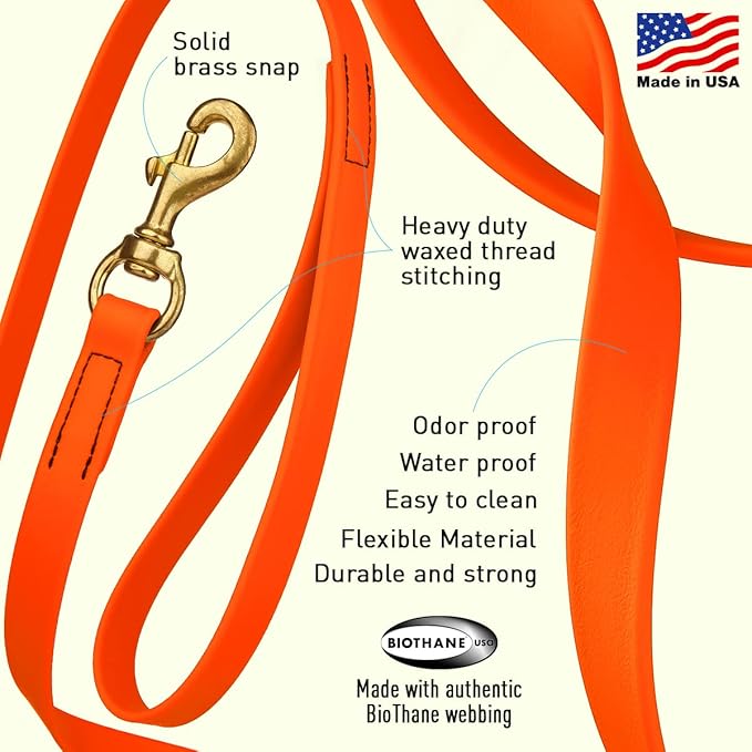 Viper K9 Biothane Working Dog Leash Waterproof Lead for Tracking Training Schutzhund Dog Sport & Search - Odor-Proof Long Line with Solid Brass Snap for Puppy Medium and Large 3/4" x 10ft HunterOrange