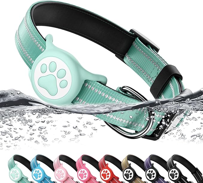 Airtag Dog Collar, Reflective Ultra-Durable Nylon Padded with QR Code Buckle & IP68 Waterproof Air Tag Holder Compatible for Apple AirTag, Comfortable for Small Medium Large Dogs(Green,L)
