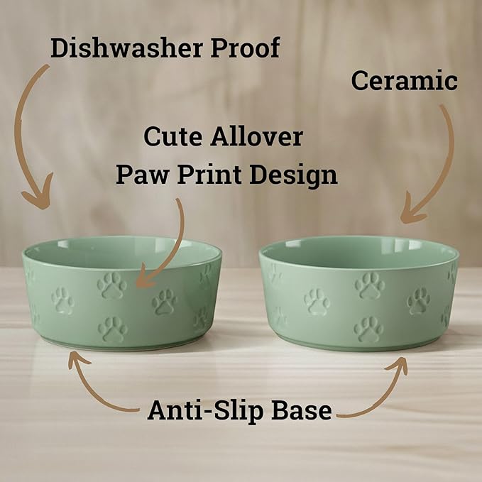 Ceramic Dog Bowl Set of 2 with Anti-Skid Base - 6.5" Wide x 2.5" Tall Ceramic Dog Bowls Medium Sized Dogs - 3.8 Cup Capacity Food and Water Bowls for Dogs - Rubber Bottom Pet Bowl Set of 2 Medium Size