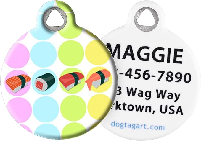 Dog Tag Art Sushi Personalized Pet ID Tag for Dogs and Cats, Silent Polymer Coated Stainless Steel Nametag with Customized Identification Information - Small .875" Diameter