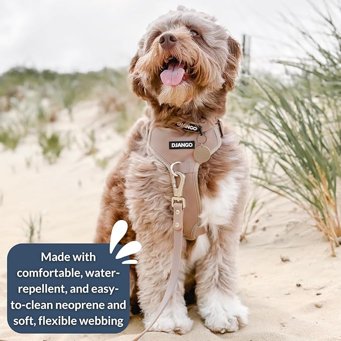 DJANGO Tahoe No Pull Dog Harness – Escape-Proof Dog Harness for Small & Medium with Front & Back Clips for Everyday Use – Adjustable, Padded, Reflective, Secure Fit, Easy On/Off – Sandy Beige, Medium