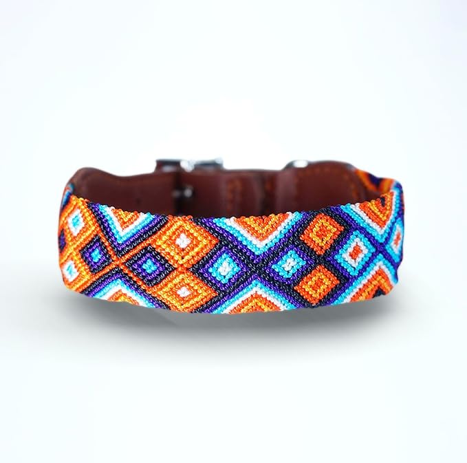 Eternia Premium Leather Dog Collar - Adjustable Handcrafted Collar for Small to Large Dogs (Orange/Blue, L)