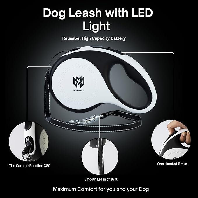 Retractable Dog Leash with LED Light – 360° Tangle-Free 16ft Heavy - Duty Nylon Tape Leash | One-Hand Brake, Pause & Lock System | Medium Dogs (White)