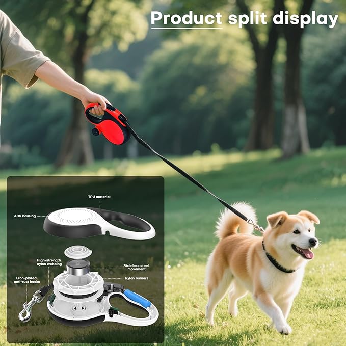 Retractable Dog Leash with Chew Proof Cable,26Ft Heavy Duty Dog Leash for Medium Large Dogs up to 110lbs,360°No Tangle,One-Handed Brake,Pause,Lock(Red)