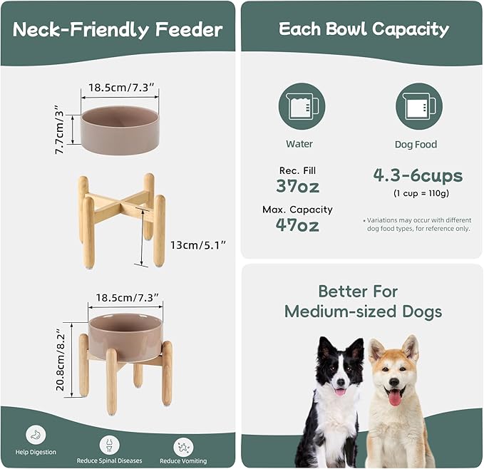 Ceramic 7.3inch Raised Dog Bowl Set, Elevated with Wooden Stand, Food and Water Bowl for Medium Breed Dogs, Weighted Dog Dishes, Pet Feeder(Brown Coffee)