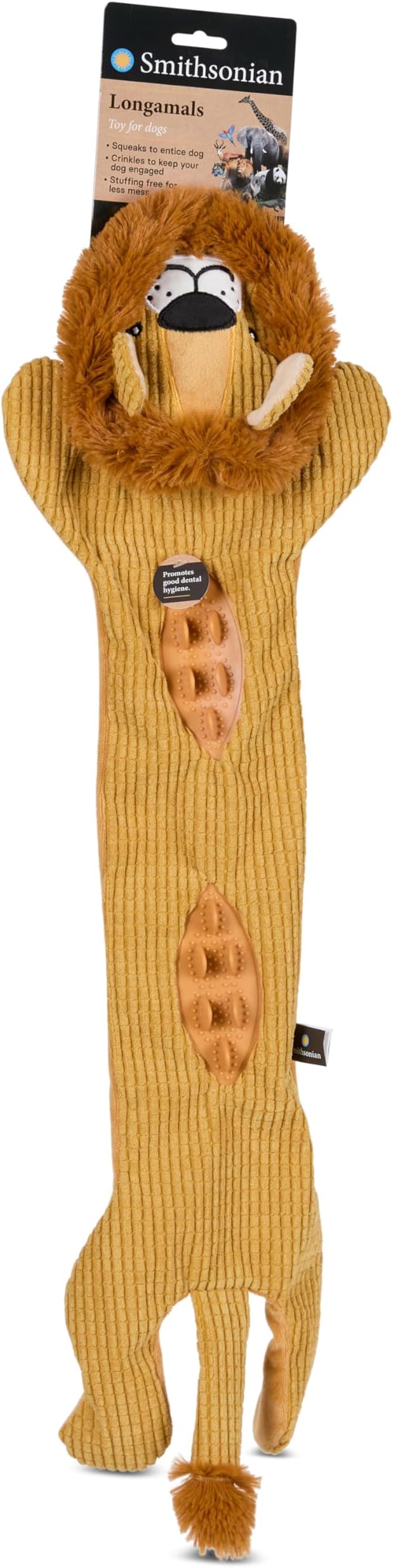 Smithsonian Longamals Lion Plush Dog Toy – 30" Crinkle & Squeaky, Stuffing-Free Interactive Tug Toy for Medium & Large Dogs