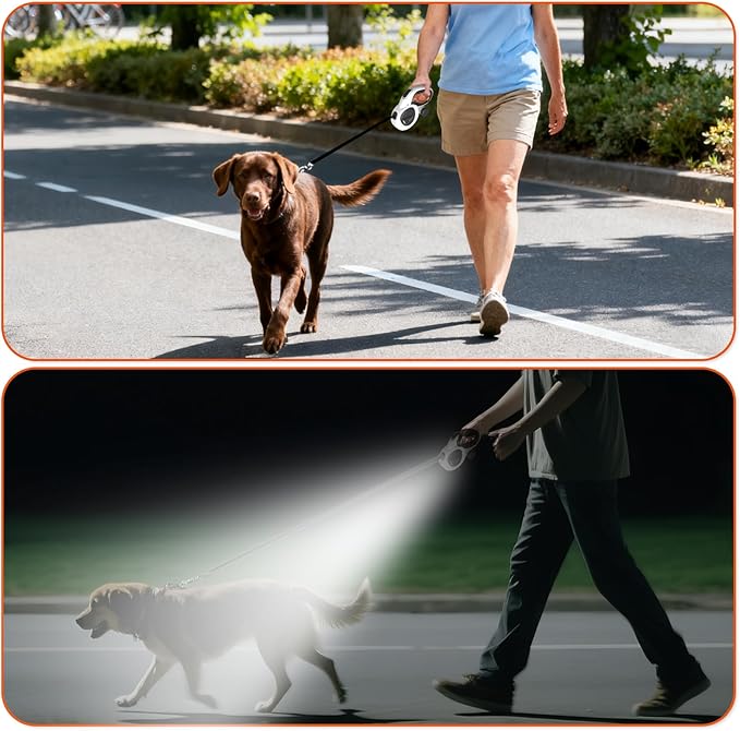 16Ft Retractable Dog Leash with LED Light, Heavy Duty Dog Leash for Small, Medium & Large Dogs Up to 66lbs, 360° Tangle-Free, Dispenser and Poop Bags