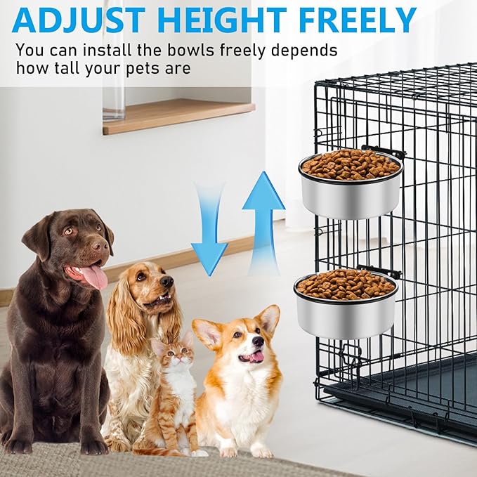 Dog Kennel Water Bowl Hanging, ShineMe 2 Pack 34oz & 25oz Nonslip Stainless Steel Dog & Cat Food and Water Feeder Bowls Mounts to Wire Crates Cages Kennels