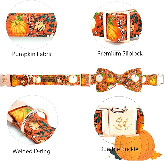 Elegant little tail Halloween Dog Collar, Pumpkin with Flower Print Halloween Pet Collars Puppy Collar with Bow Cute Adjustable Collars for Small Medium Large Dogs
