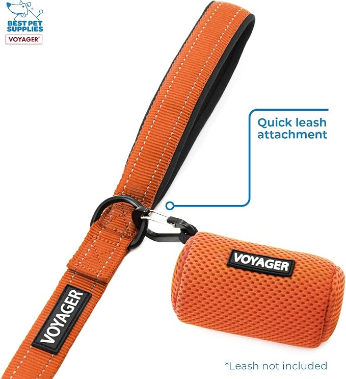 Best Pet Supplies Dog Poop Bag Holder Leash Attachment with 15 Bags, Orange, Reusable Mesh Dispenser Pouch for Travel, Walking, Park, and Outdoor Use, Soft and Durable with Clip-On