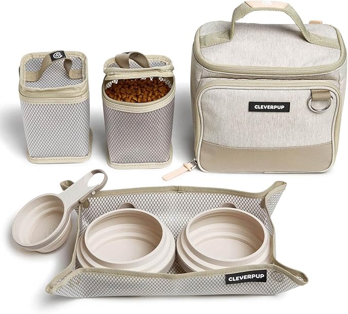 Cleverpup Small 7-Piece Bistro Box Dog Food Travel Kit, 6-Cup BPA-Free Kibble Storage, 2 Silicone Bowls, Mat & Scoop - Portable Pet Food Kit for Weekends, Overnights, Daycare & Camping, Sand
